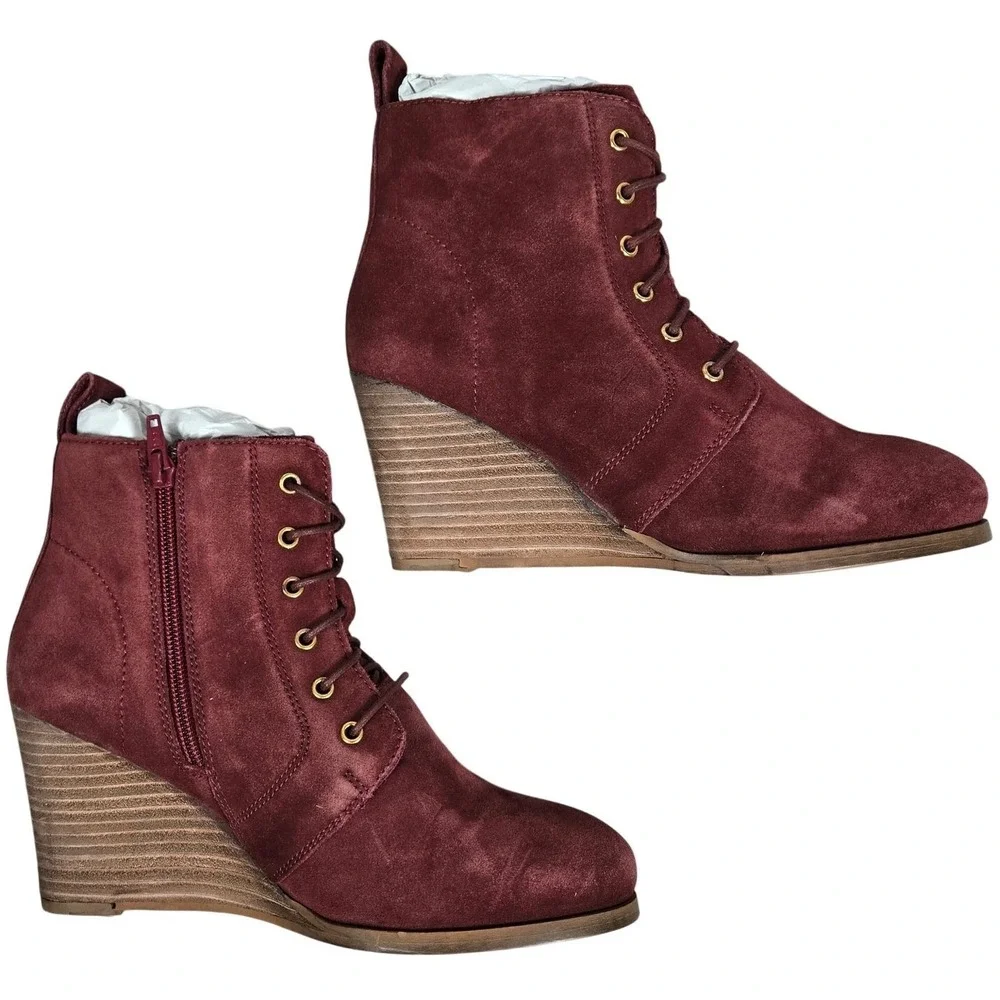 Diba Blake Suede Bootie Burgundy Lace Up Wedge Ankle Boots Women Size 8.5‎